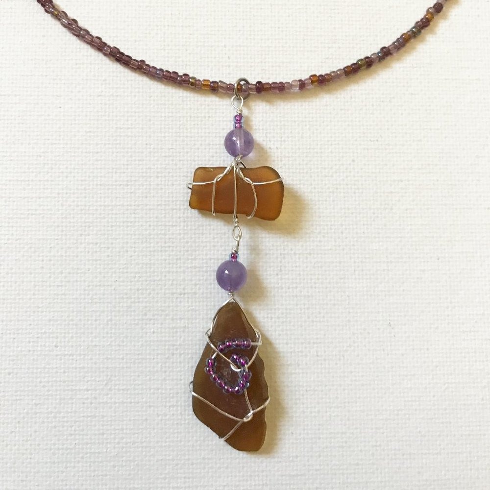 Brown Sea Glass Amethyst Crystal Gemstone Beaded Necklace Ocean Mermaid Boho